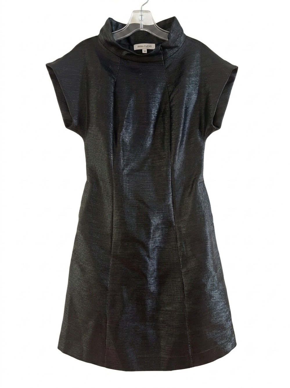 Structured Black Metallic Dress Funnel Neck Pockets Asymmetric Zipper European